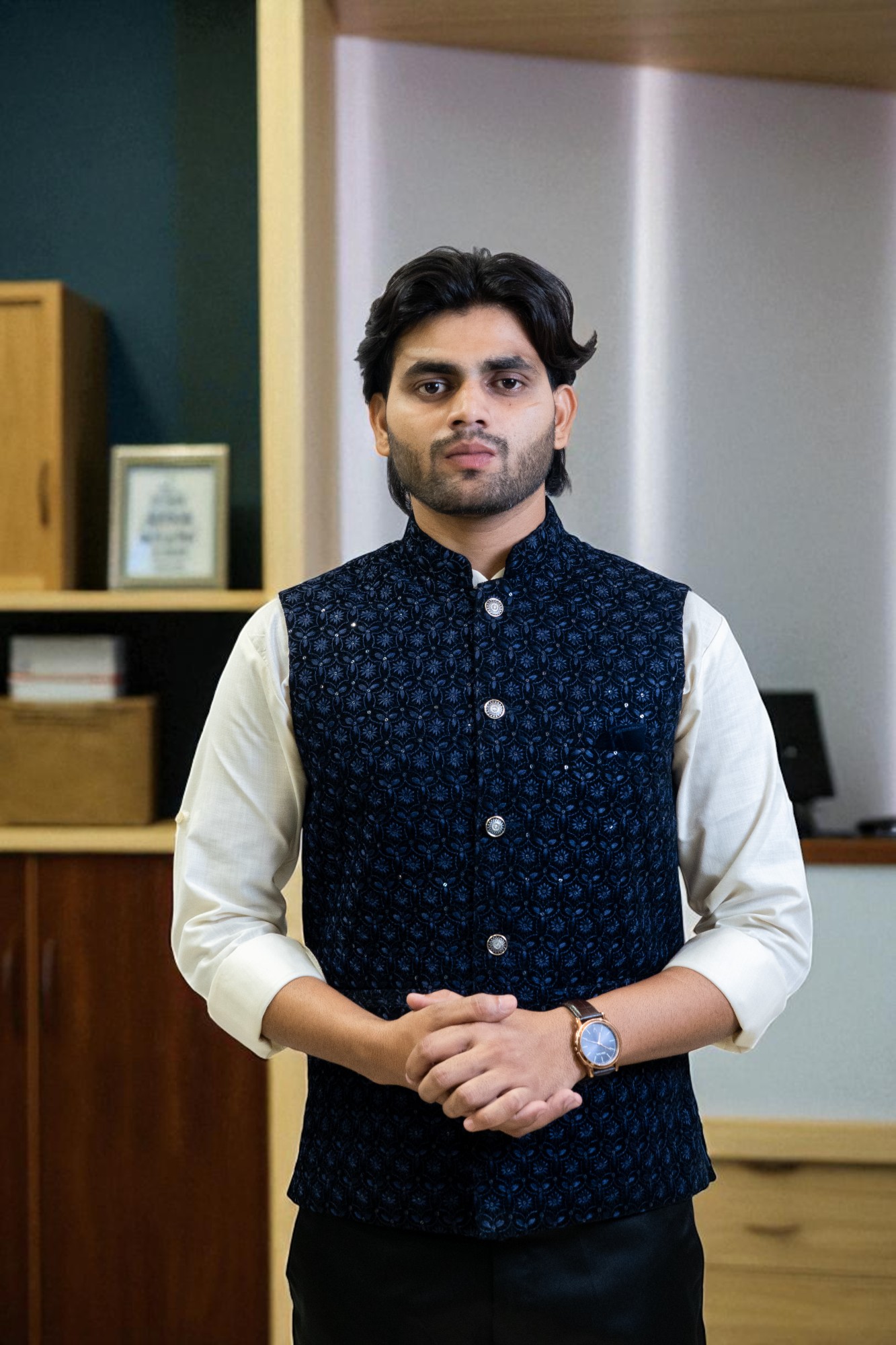 Men’s Navy Blue Jacquard Nehru Jacket – Stylish & Elegant