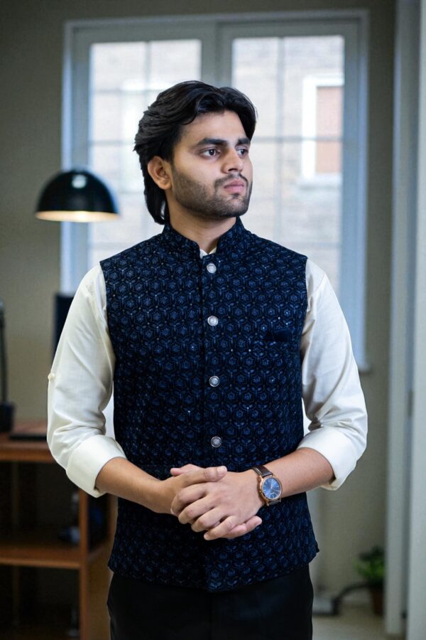 Men’s Navy Blue Jacquard Nehru Jacket – Stylish & Elegant - Image 3