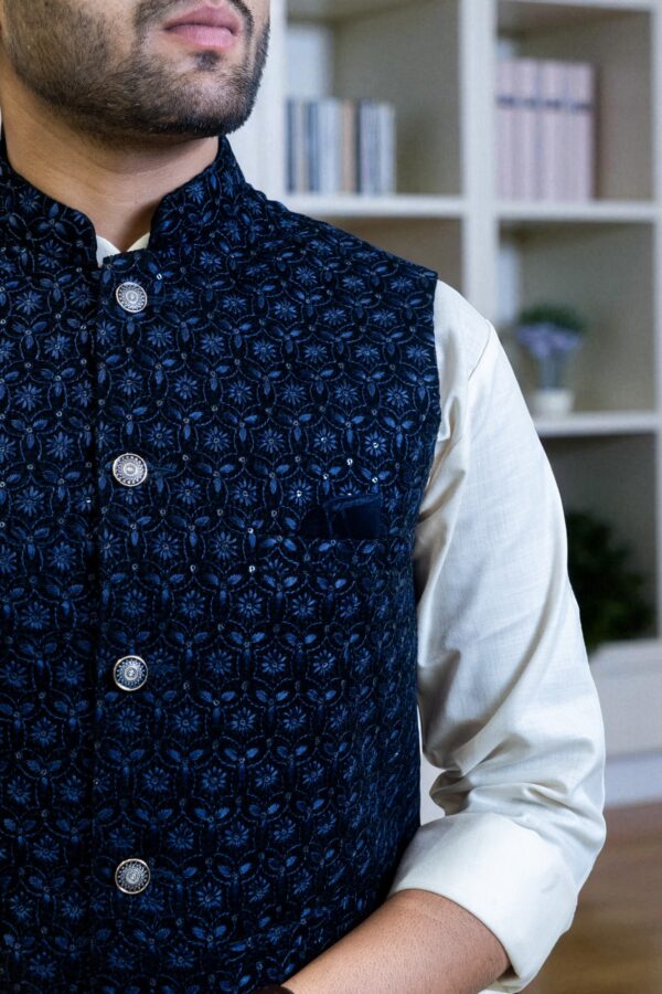Men’s Navy Blue Jacquard Nehru Jacket – Stylish & Elegant - Image 4