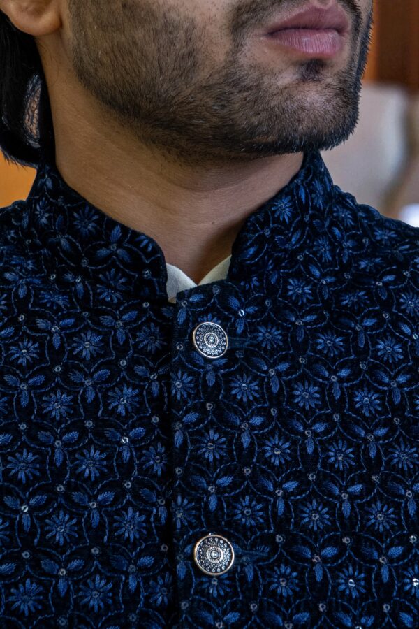 Men’s Navy Blue Jacquard Nehru Jacket – Stylish & Elegant - Image 5