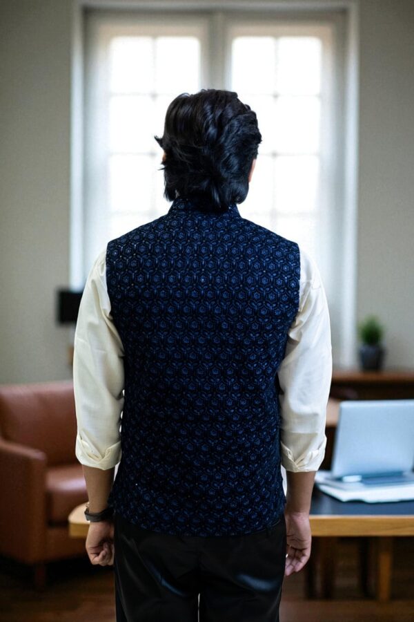 Men’s Navy Blue Jacquard Nehru Jacket – Stylish & Elegant - Image 6