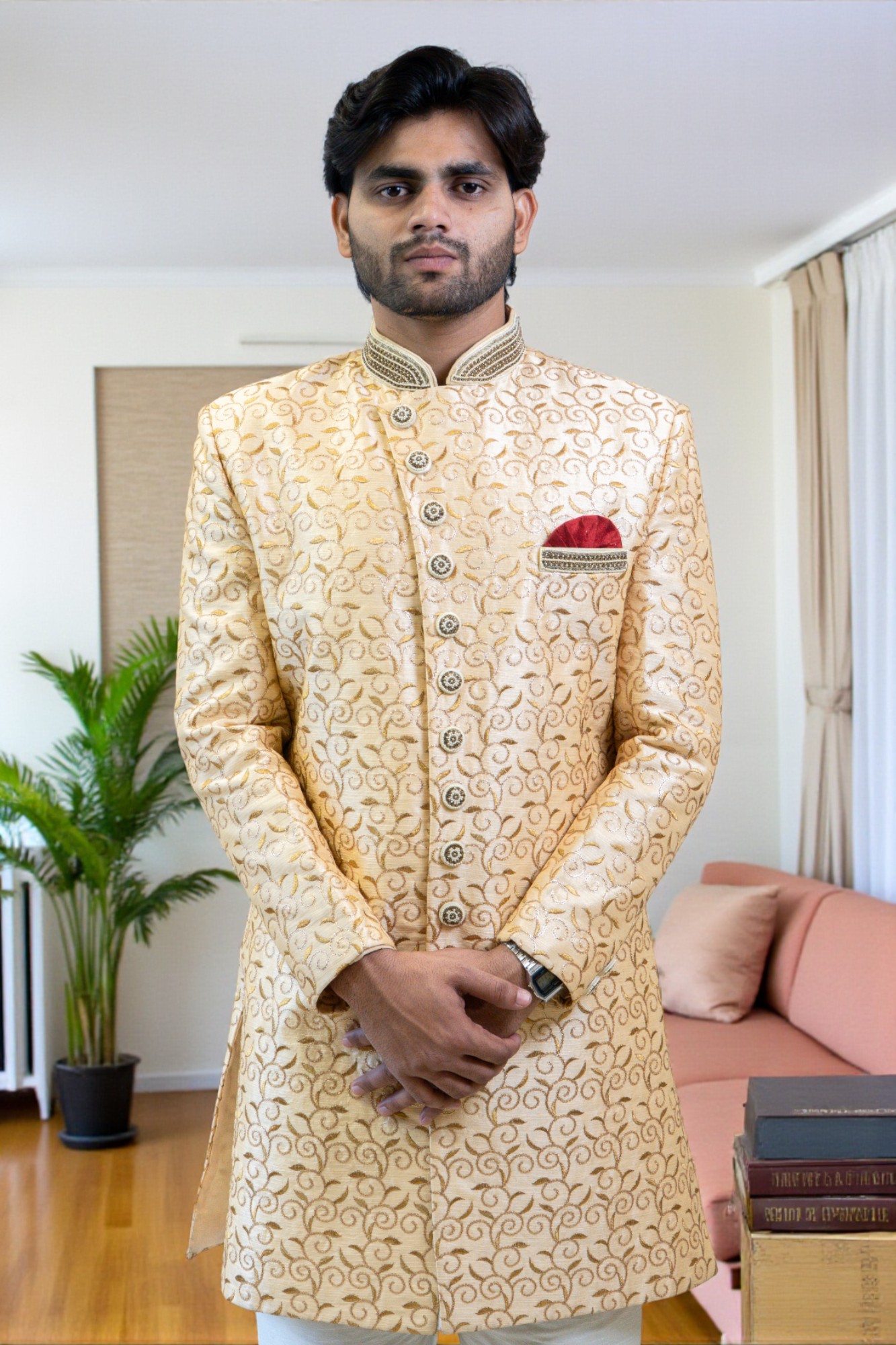 Golden Sherwani Set for Men with Thread Work