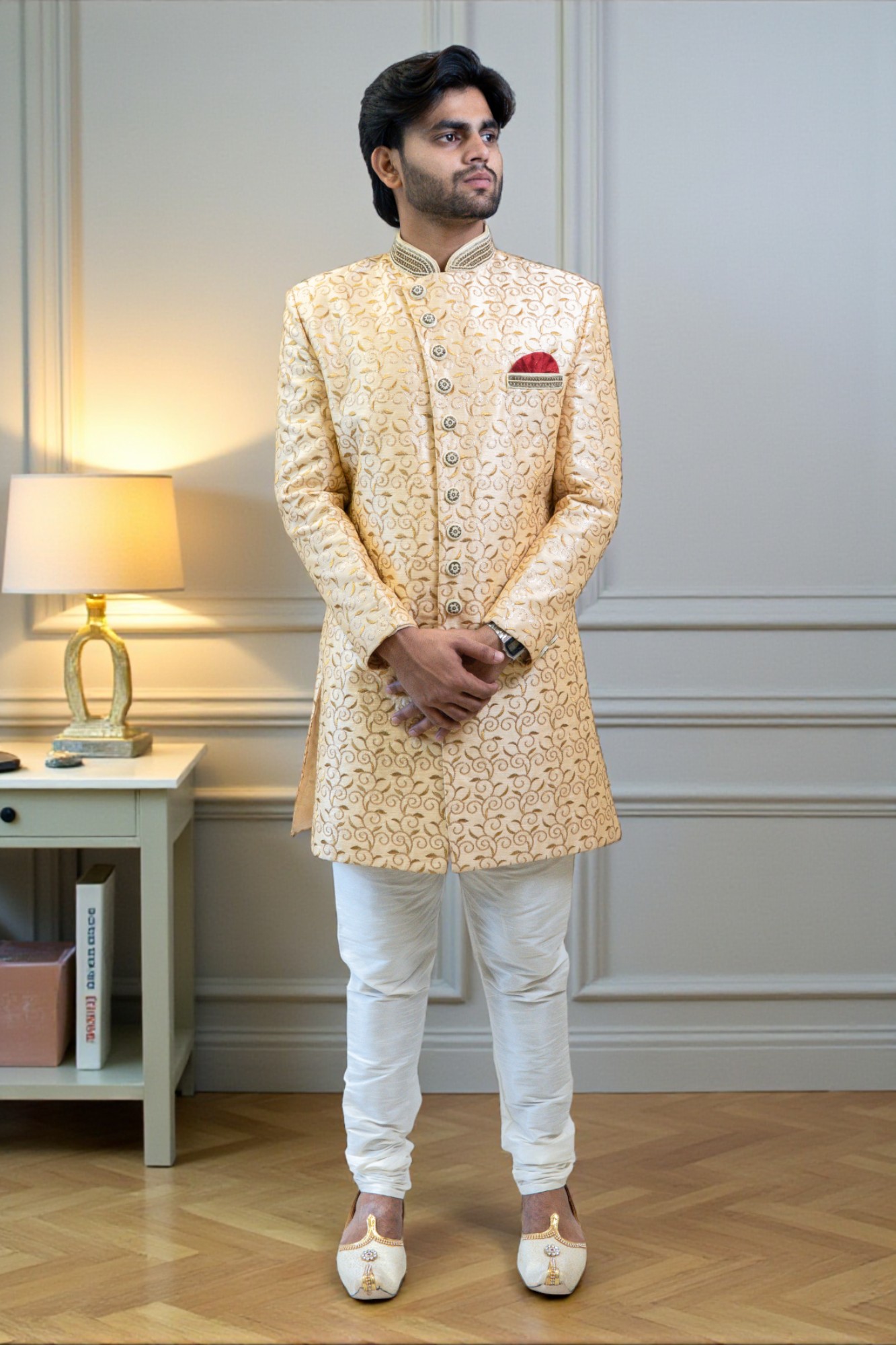 Golden Sherwani Set for Men with Thread Work - Image 3