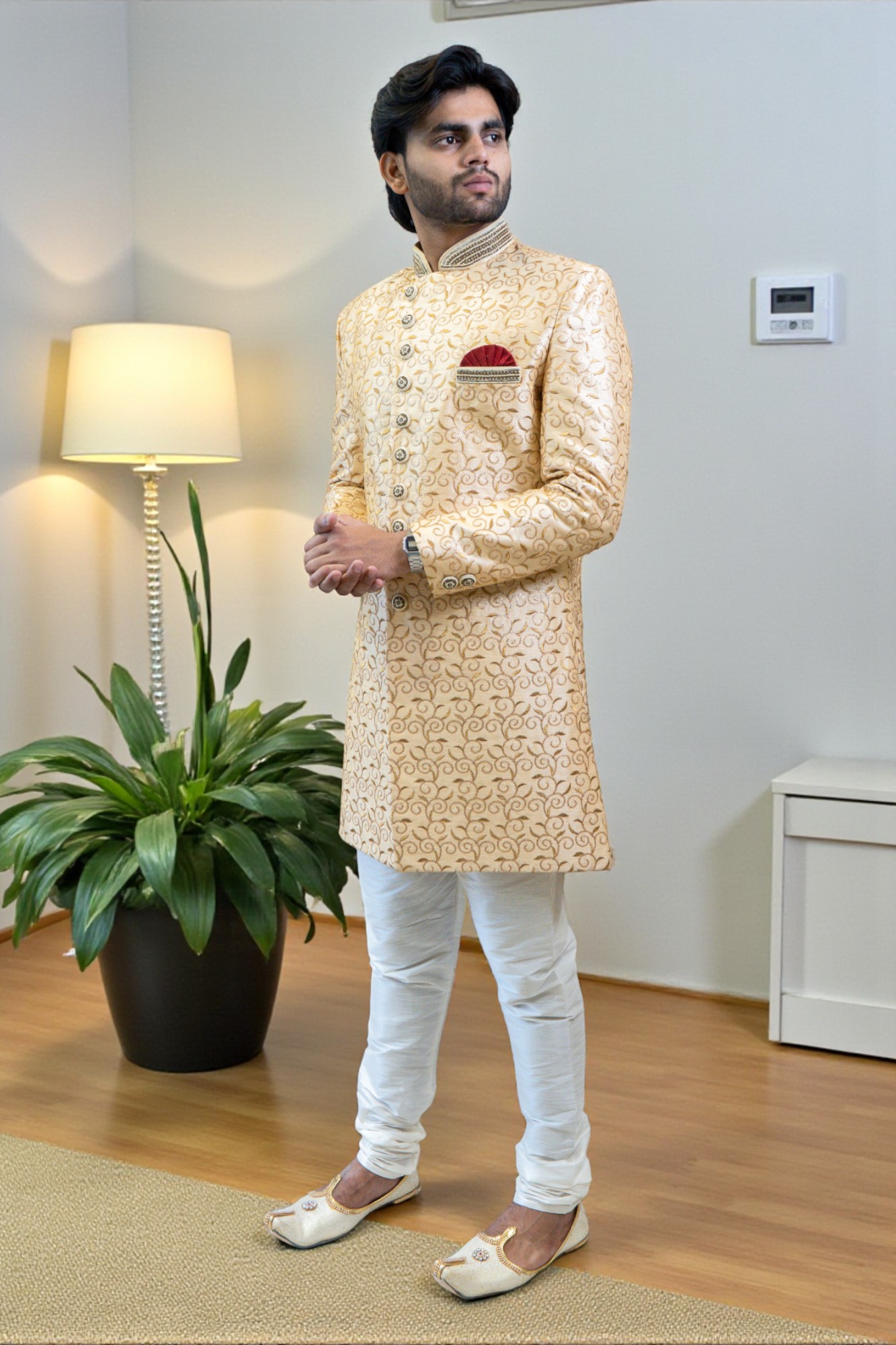 Golden Sherwani Set for Men with Thread Work - Image 4