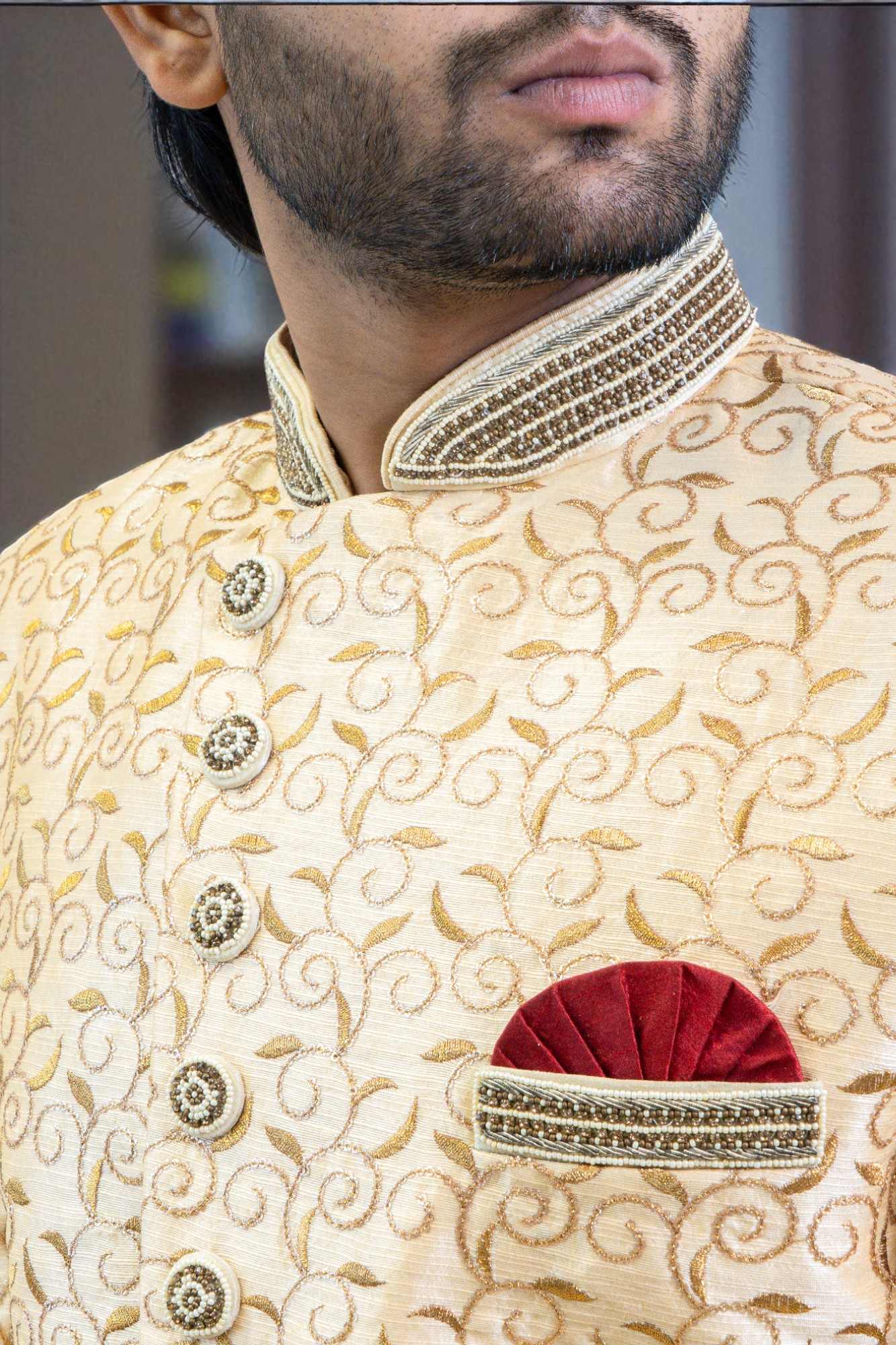 Golden Sherwani Set for Men with Thread Work - Image 2