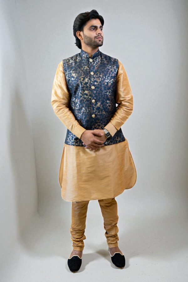 blue and gold jacquard Nehru jacket with kurta pajama set - Image 3