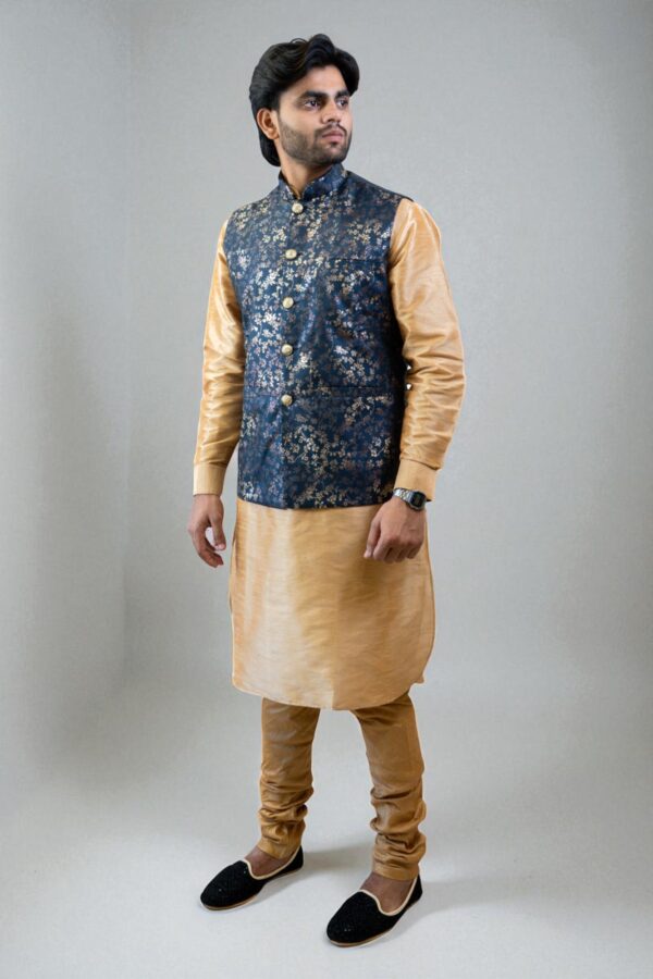 blue and gold jacquard Nehru jacket with kurta pajama set - Image 2