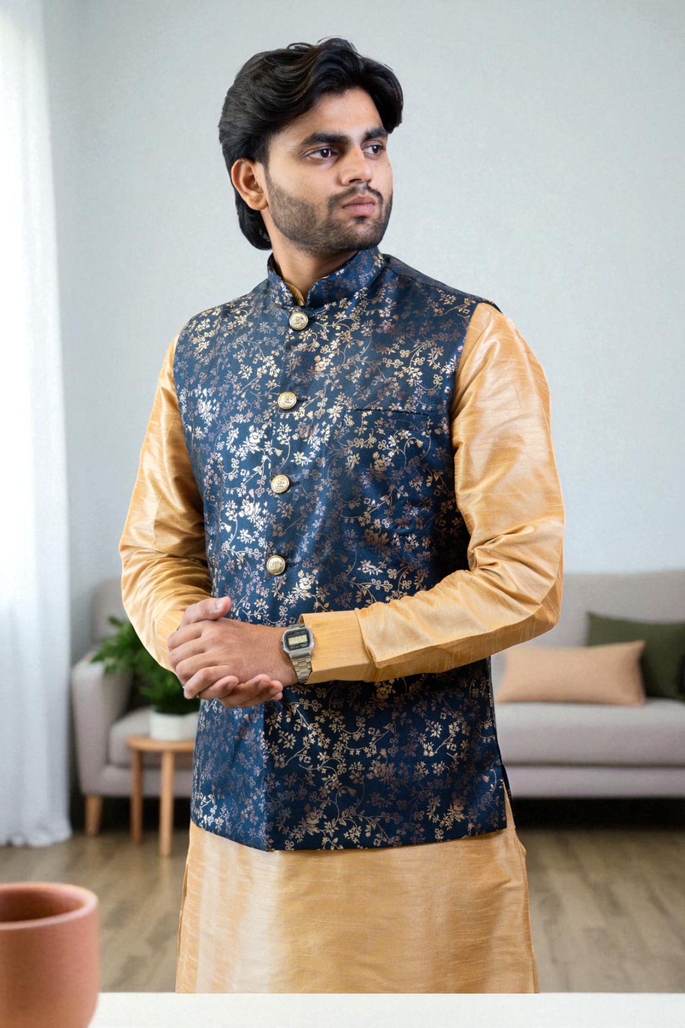 blue and gold jacquard Nehru jacket with kurta pajama set