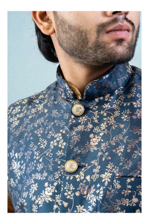 blue and gold jacquard Nehru jacket with kurta pajama set - Image 4