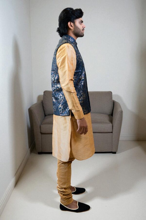 blue and gold jacquard Nehru jacket with kurta pajama set - Image 5