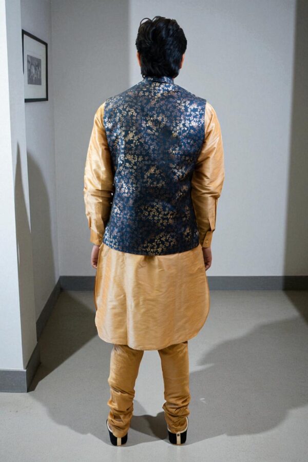 blue and gold jacquard Nehru jacket with kurta pajama set - Image 6
