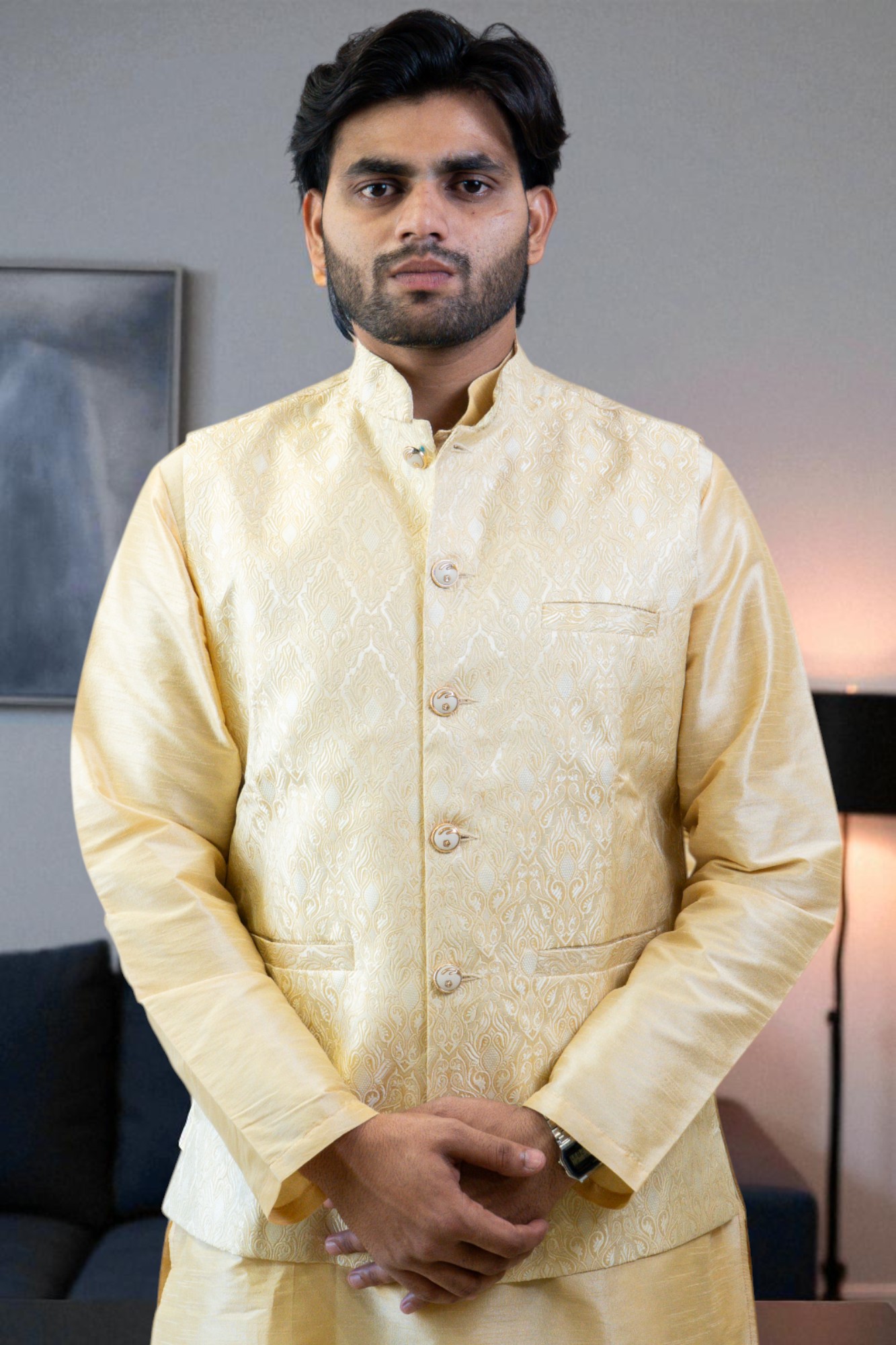 golden printed kurta jacket set