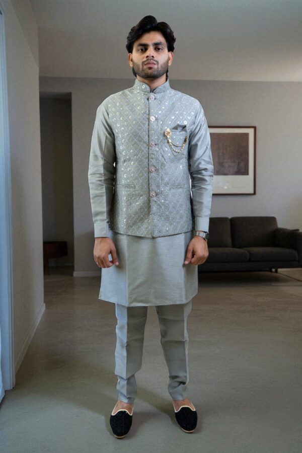 Grey Kurta Jacket Set – Linen Fabric with Stylish Sequin Design - Image 2