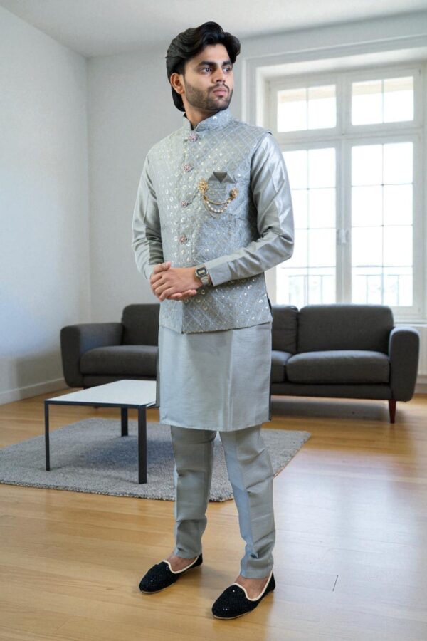 Grey Kurta Jacket Set – Linen Fabric with Stylish Sequin Design - Image 5