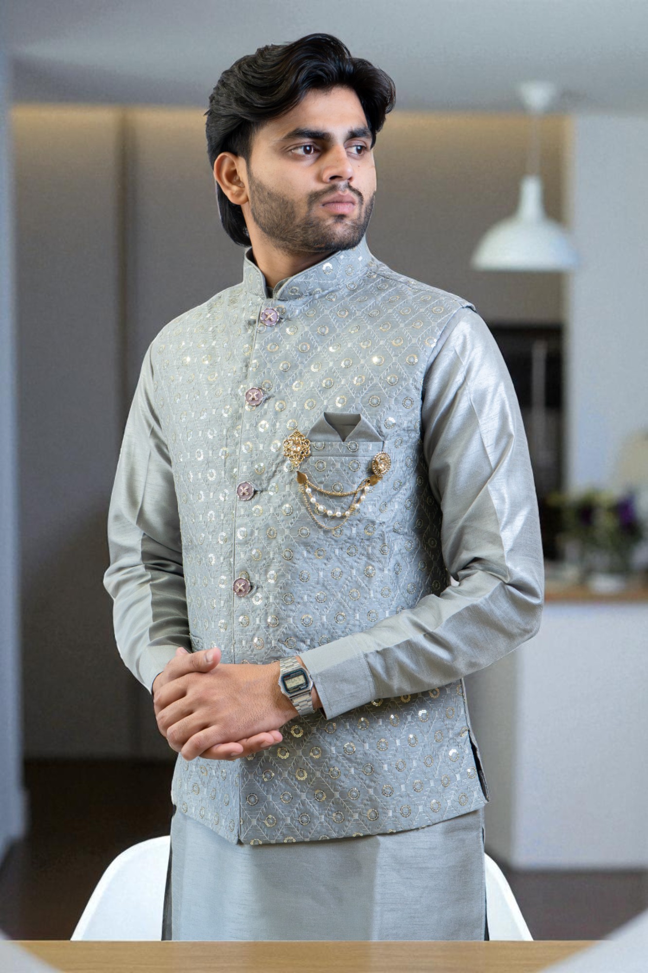 Grey Kurta Jacket Set – Linen Fabric with Stylish Sequin Design