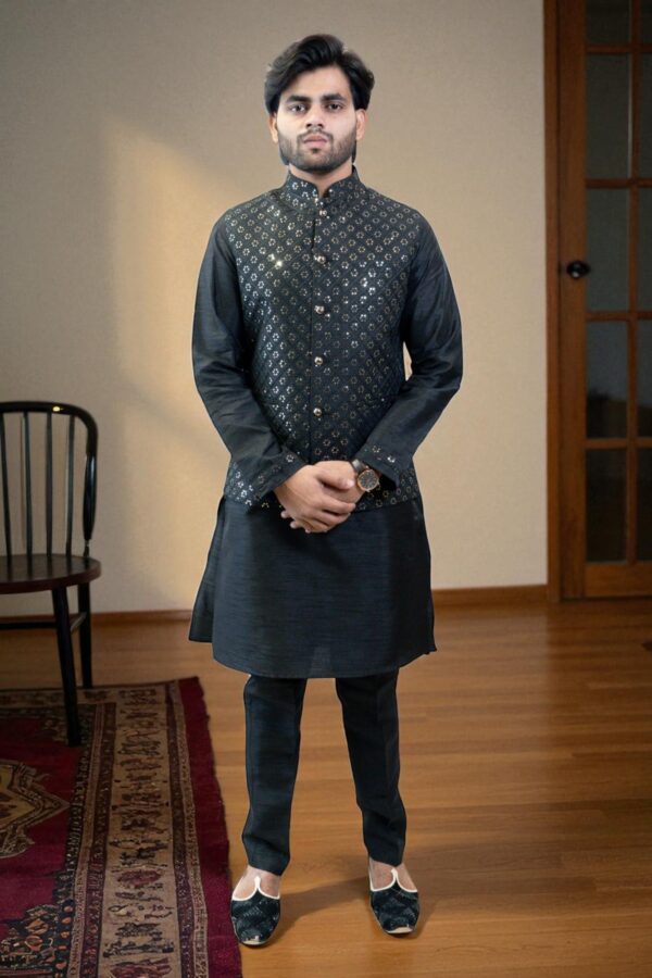 Black Kurta Jacket Set with Sequin Design – Cotton Rayon Festival & Occasion Wear - Image 2