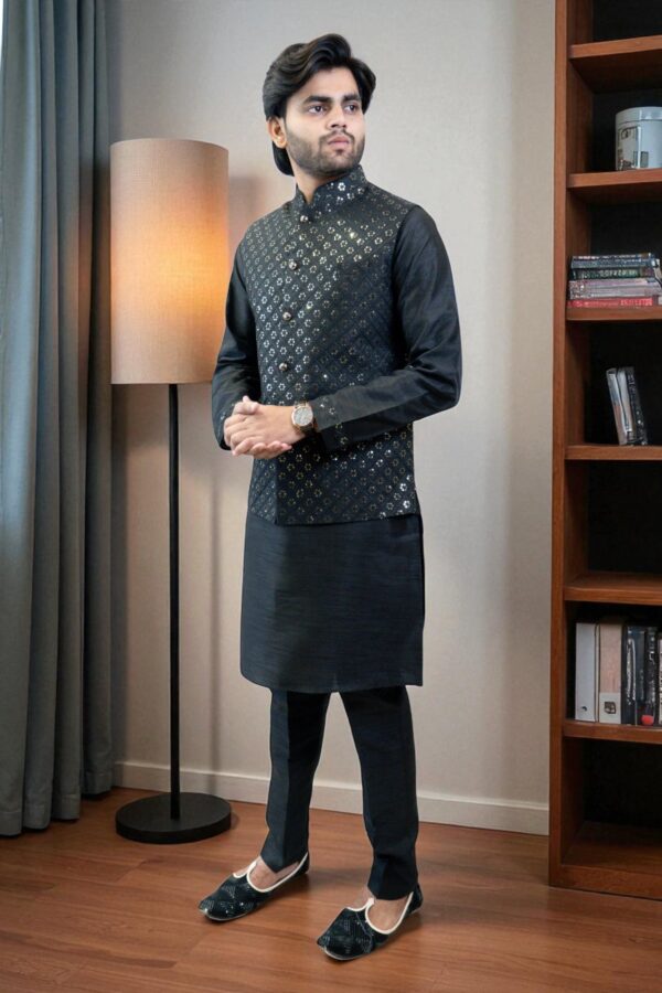 Black Kurta Jacket Set with Sequin Design – Cotton Rayon Festival & Occasion Wear - Image 4