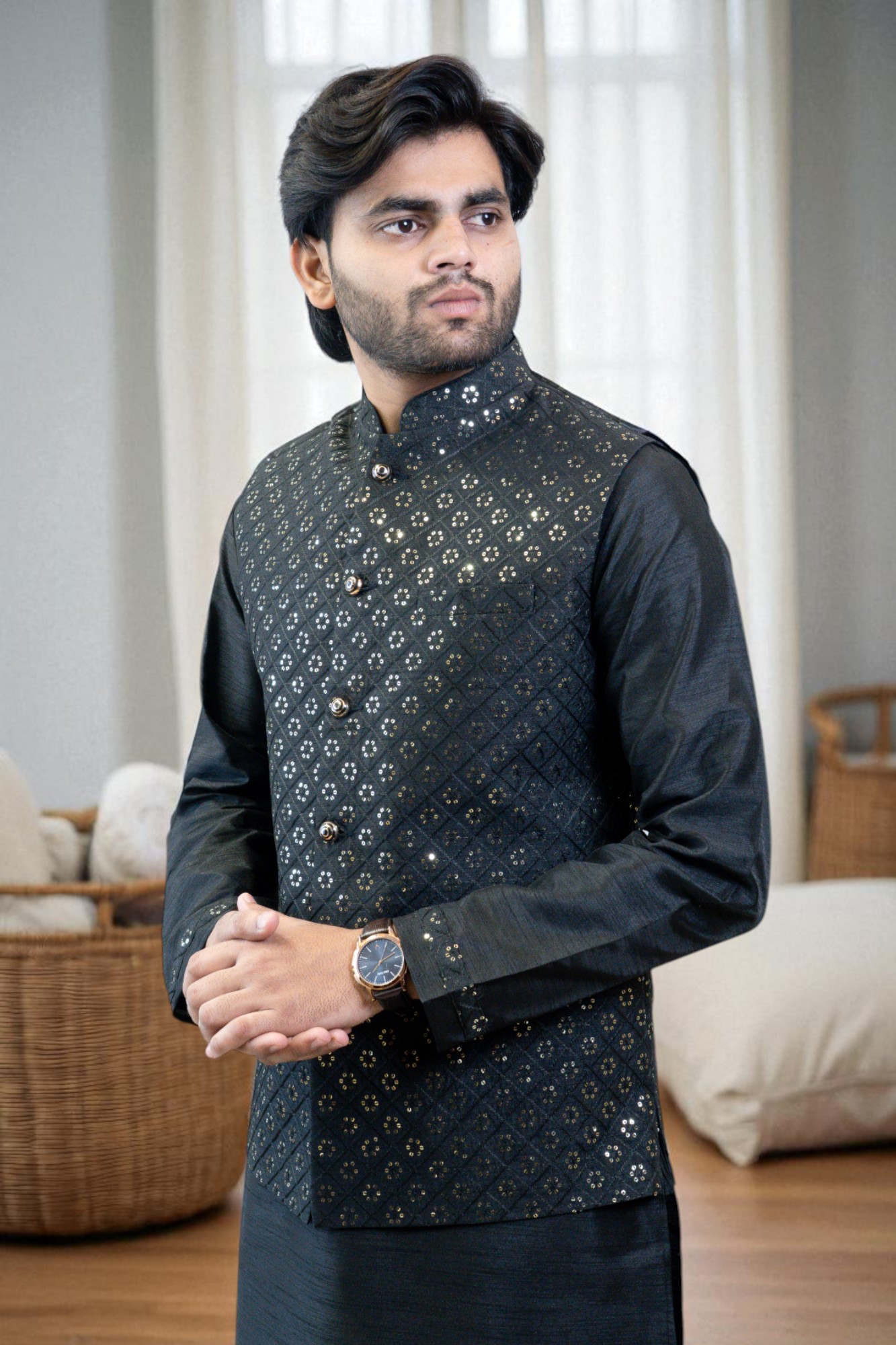 Black Kurta Jacket Set with Sequin Design – Cotton Rayon Festival & Occasion Wear