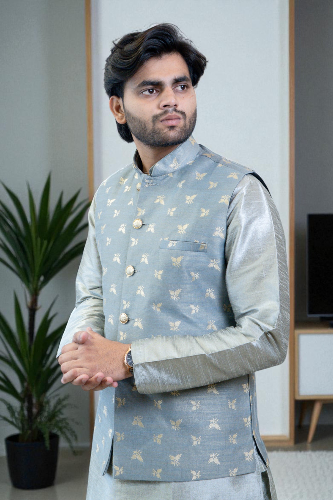 Grey Kurta Jacket Set with Sequin Design – Cotton Rayon Festival & Occasion Wear