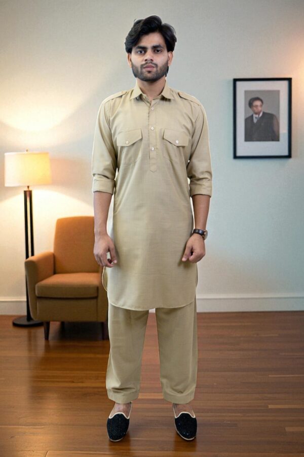 Khaki Cotton Pathani Suit for Men - Image 4