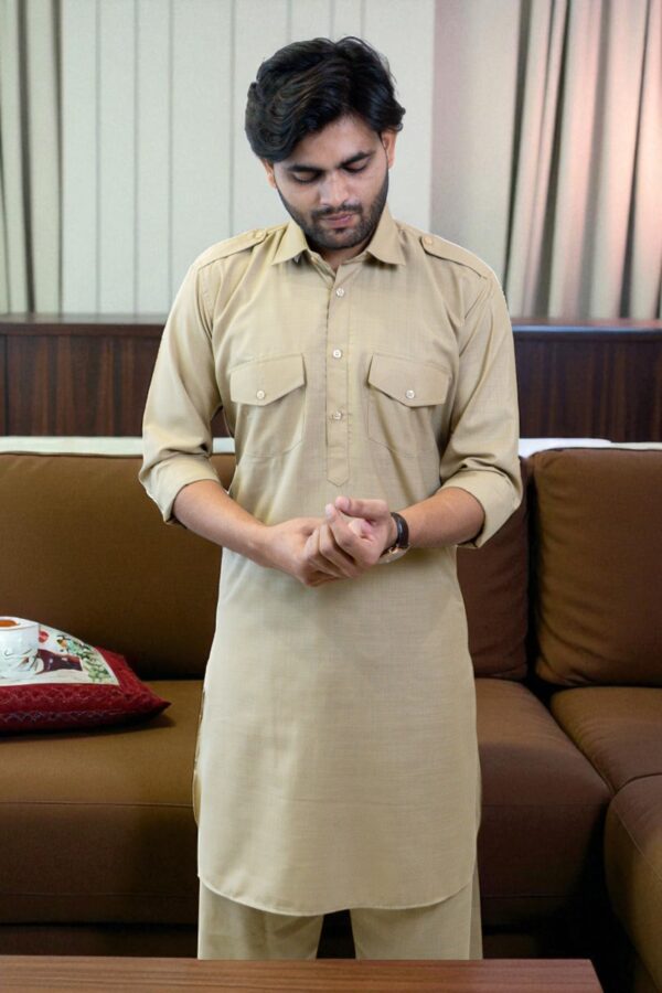 Khaki Cotton Pathani Suit for Men - Image 3