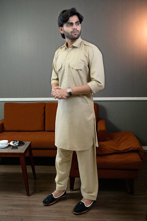 Khaki Cotton Pathani Suit for Men - Image 2