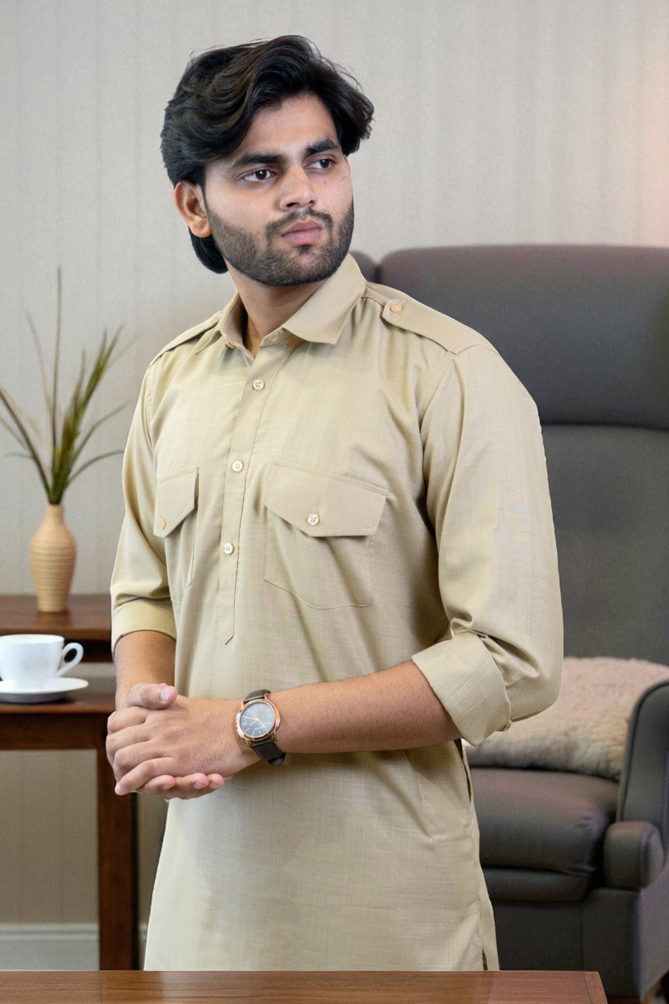Khaki Cotton Pathani Suit for Men