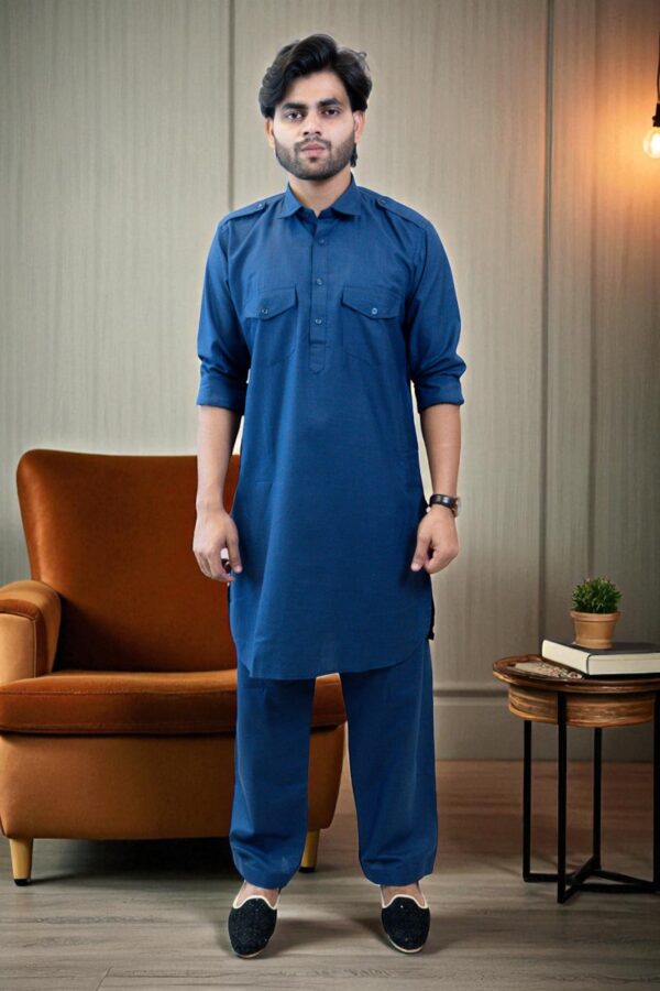 Men’s Blue Cotton Solid Pathani Kurta with Salwar – Traditional, Comfortable & Stylish - Image 2