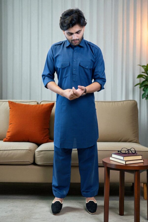 Men’s Blue Cotton Solid Pathani Kurta with Salwar – Traditional, Comfortable & Stylish - Image 3