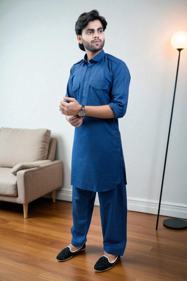 Men’s Blue Cotton Solid Pathani Kurta with Salwar – Traditional, Comfortable & Stylish - Image 4