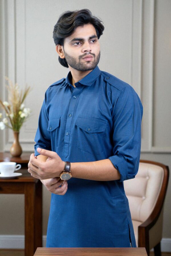 Men’s Blue Cotton Solid Pathani Kurta with Salwar – Traditional, Comfortable & Stylish