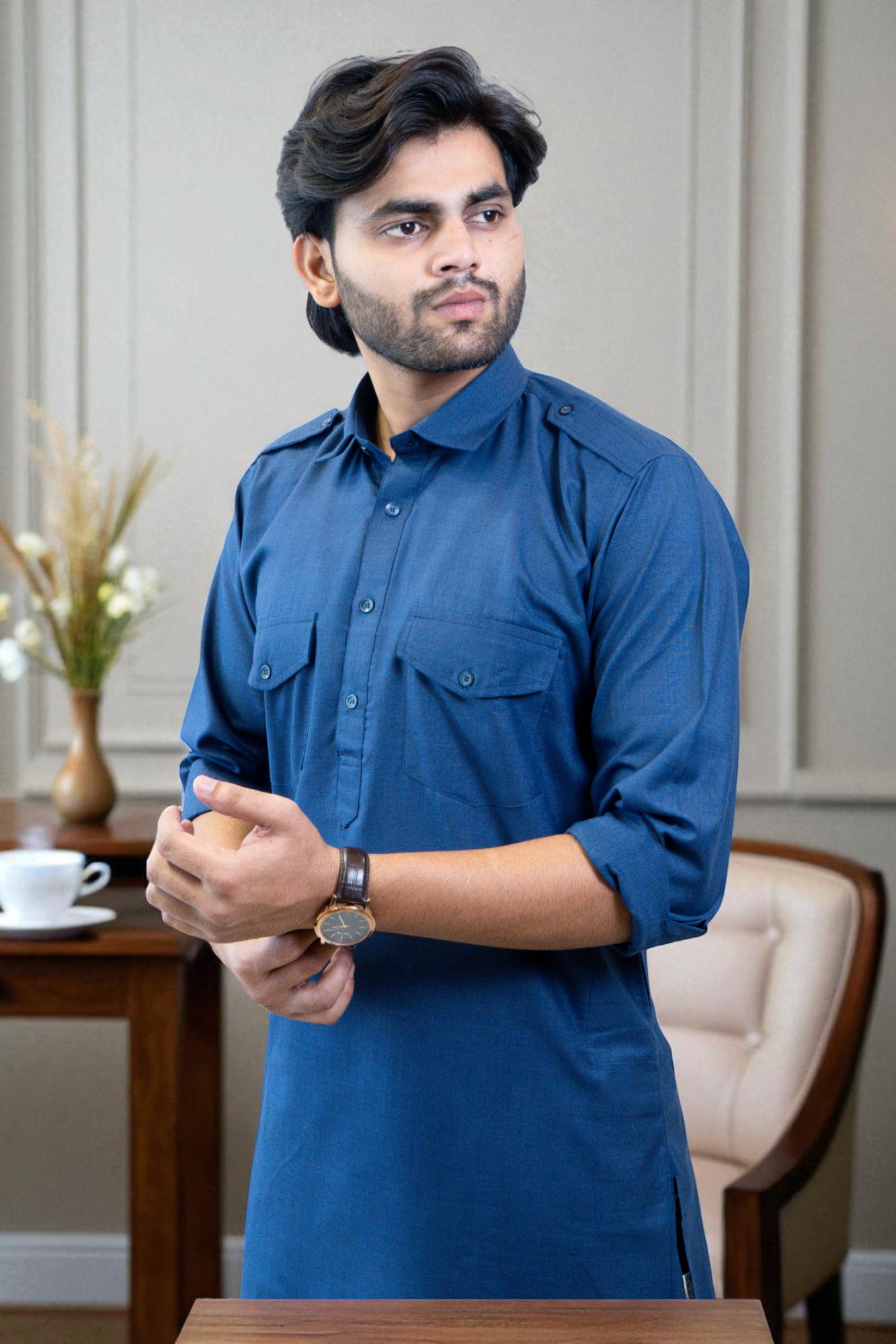 Men’s Blue Cotton Solid Pathani Kurta with Salwar – Traditional, Comfortable & Stylish