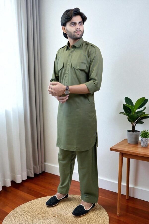 Olive Green Cotton Linen Pathani Suit – Traditional, Stylish & Comfortable - Image 2
