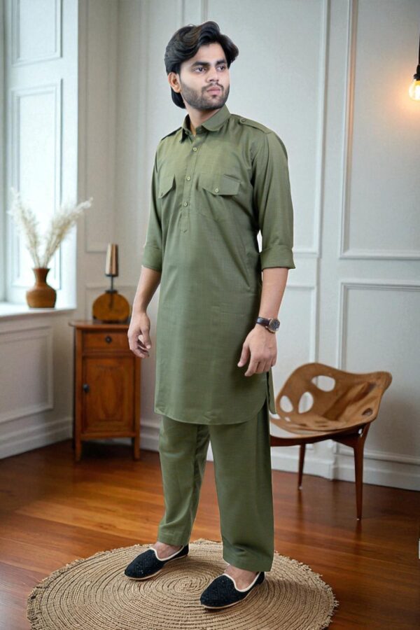 Olive Green Cotton Linen Pathani Suit – Traditional, Stylish & Comfortable - Image 5