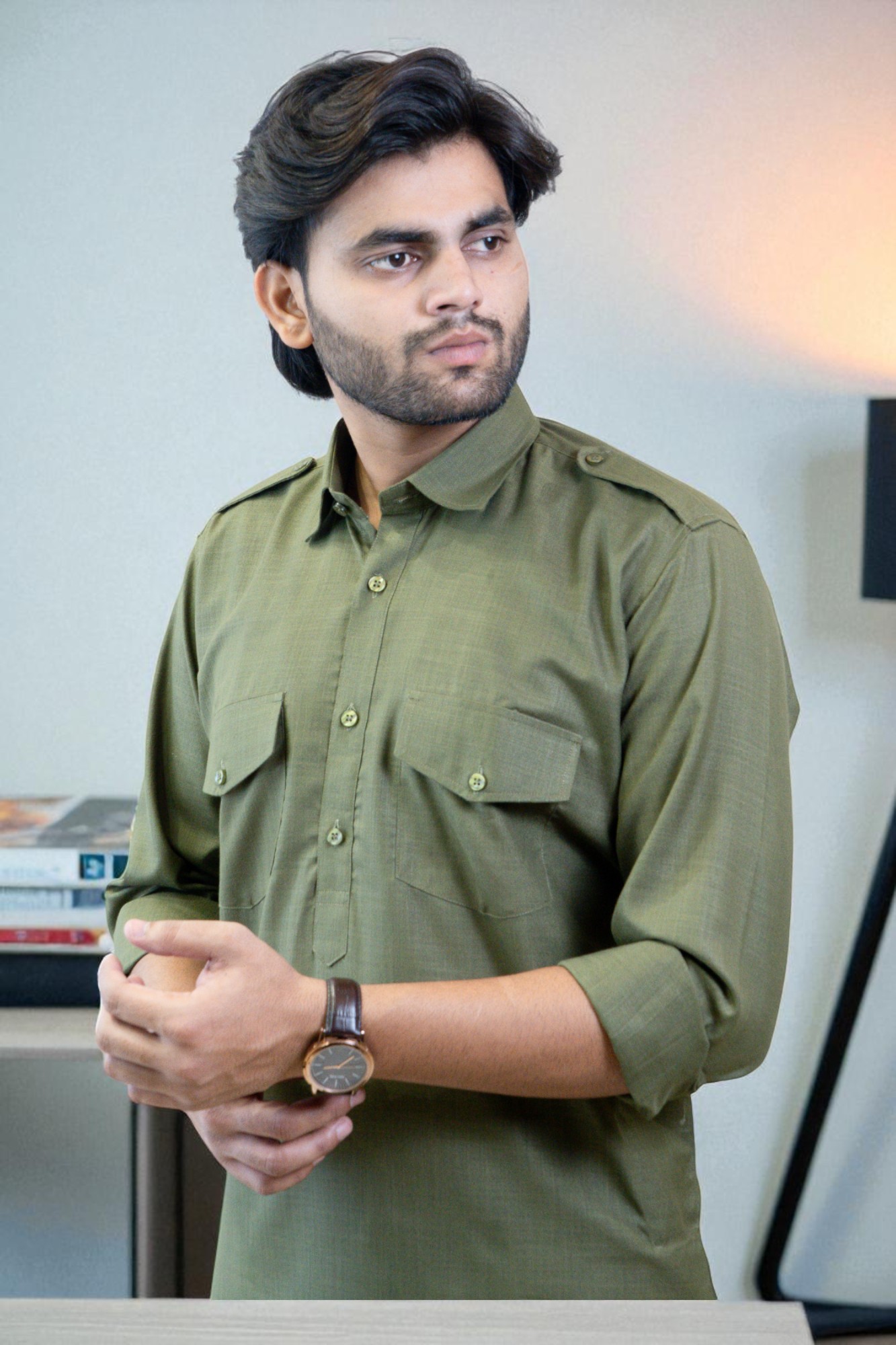 Olive Green Cotton Linen Pathani Suit – Traditional, Stylish & Comfortable