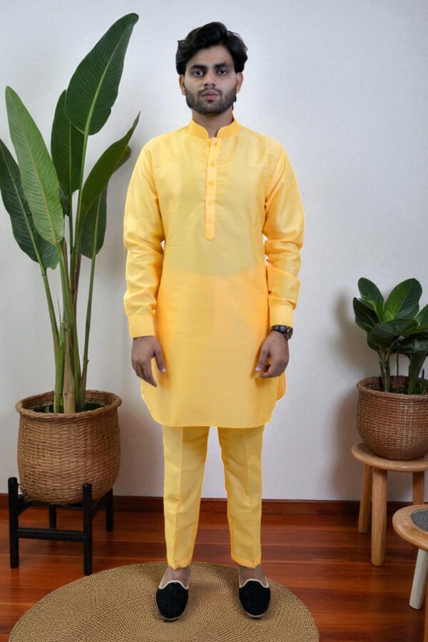 Yellow Kurta Jacket Set – Silk Rayon Festival & Occasion Wear - Image 3