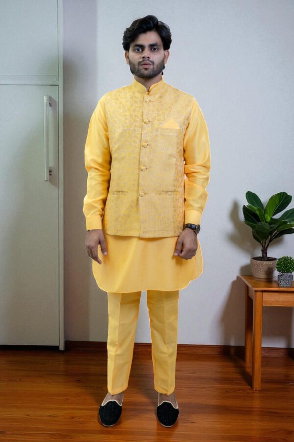 Yellow Kurta Jacket Set – Silk Rayon Festival & Occasion Wear - Image 5