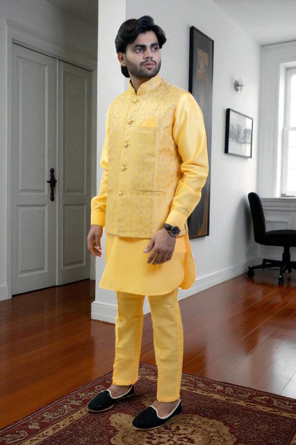 Yellow Kurta Jacket Set – Silk Rayon Festival & Occasion Wear - Image 4