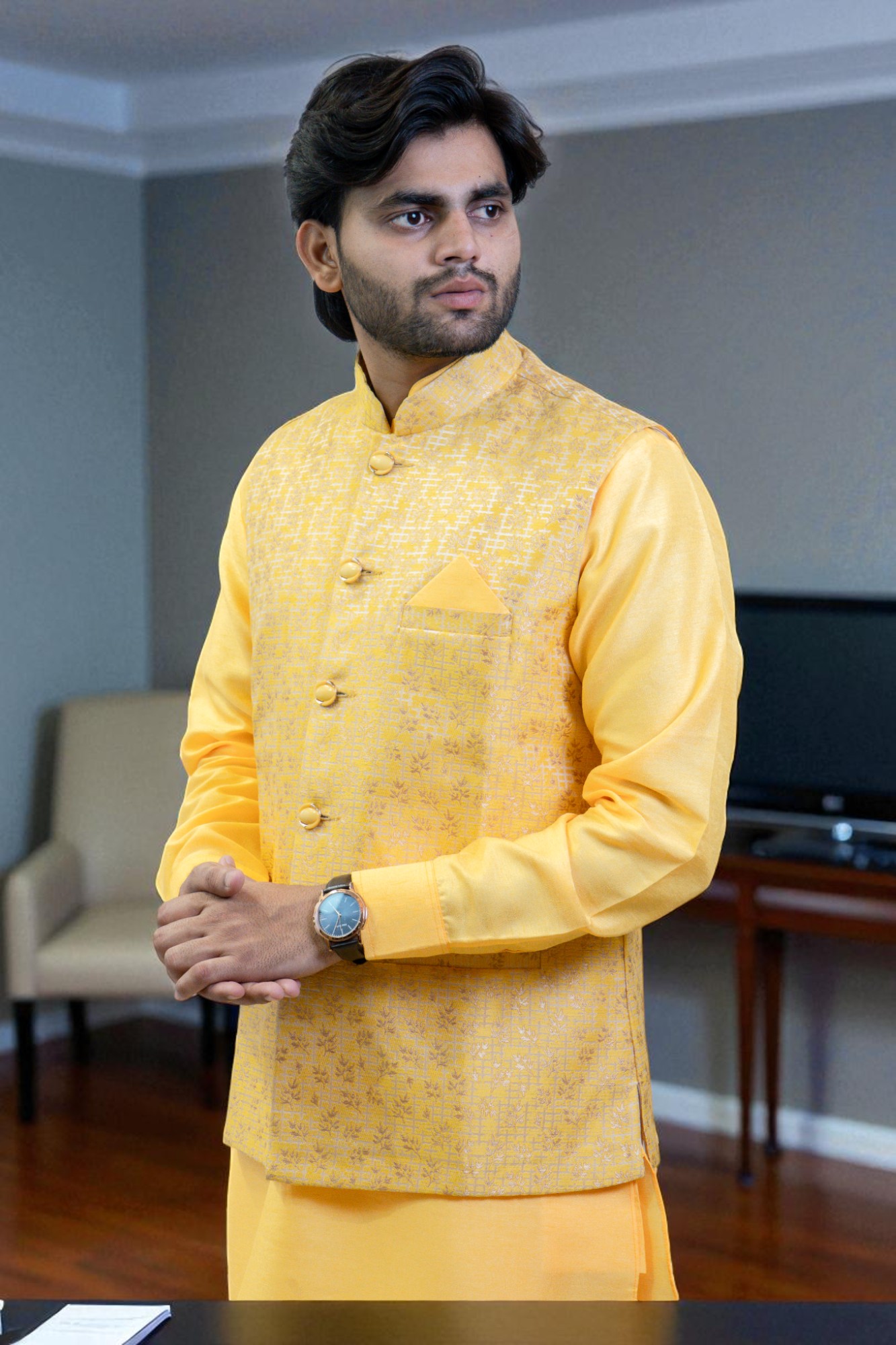 Yellow Kurta Jacket Set – Silk Rayon Festival & Occasion Wear