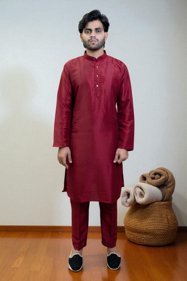 Maroon Kurta with Mandarin Collar & Button Placket - Image 2