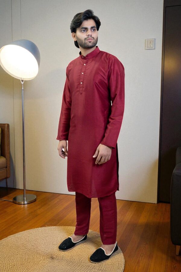 Maroon Kurta with Mandarin Collar & Button Placket - Image 4