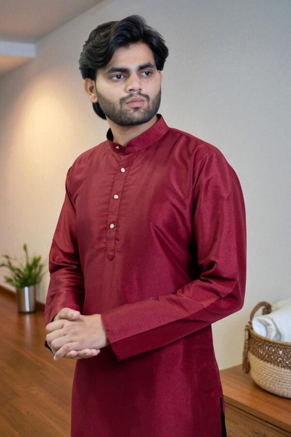 Maroon Kurta with Mandarin Collar & Button Placket