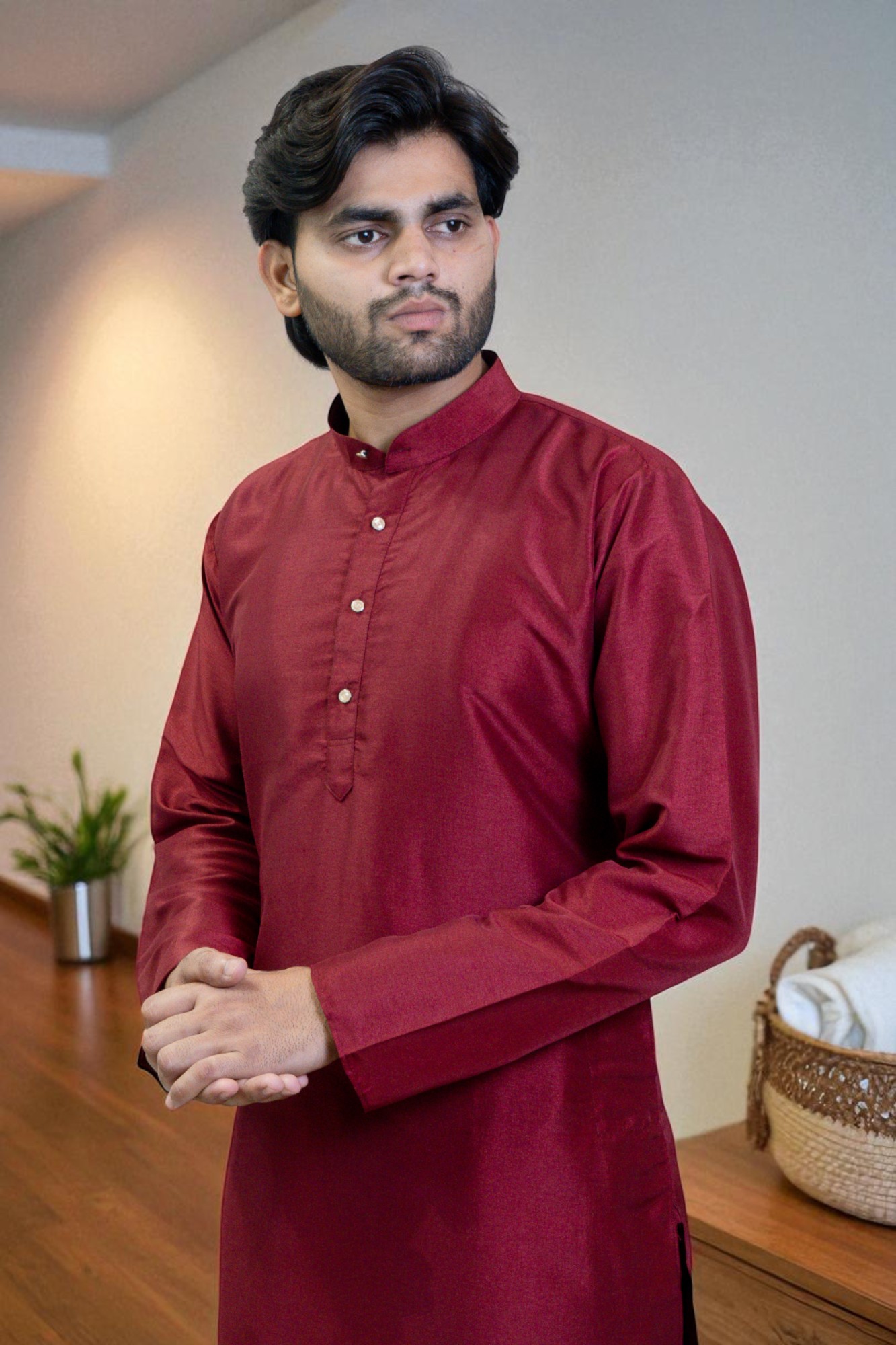 Maroon Kurta with Mandarin Collar & Button Placket