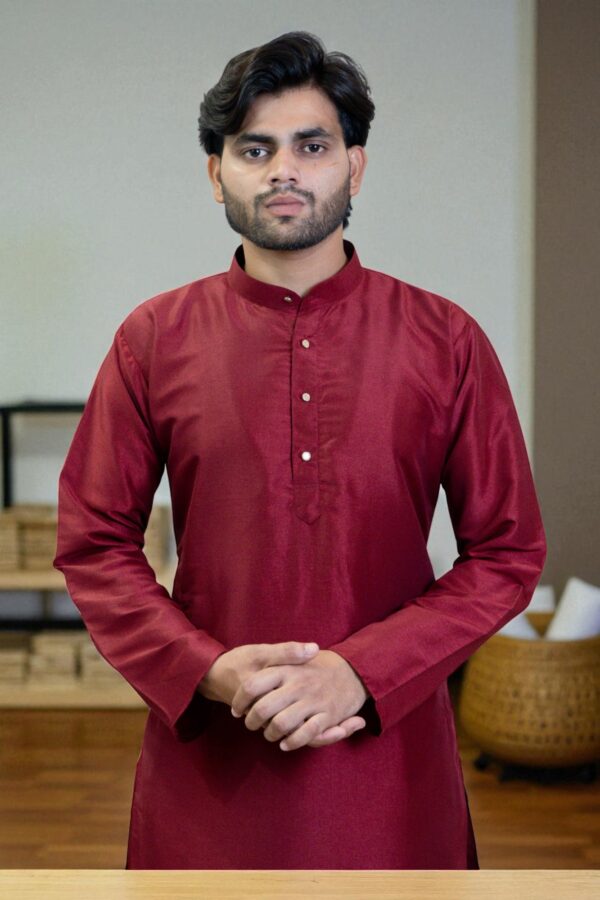 Maroon Kurta with Mandarin Collar & Button Placket - Image 3