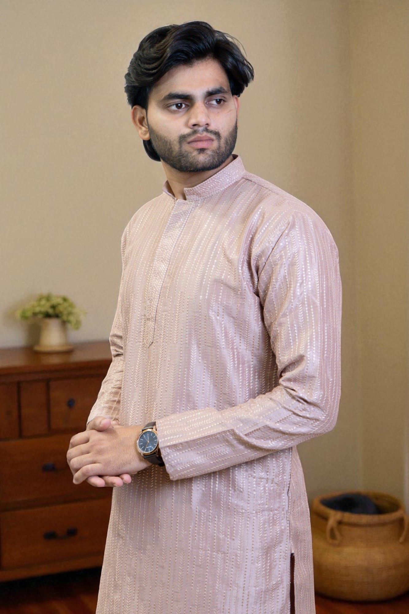 Blush Pink Rayon Silk Kurta for Men