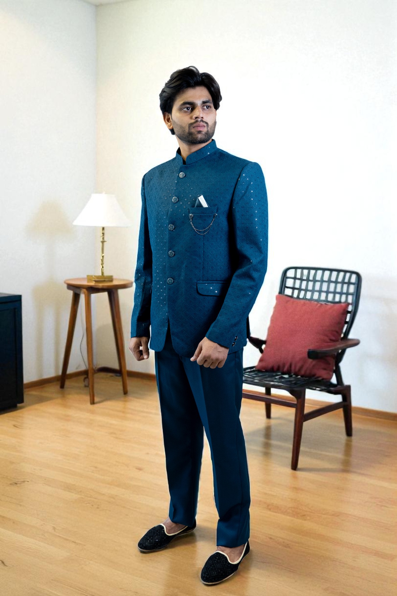 Blue Jodhpuri Suit – Sequin Design - Image 2