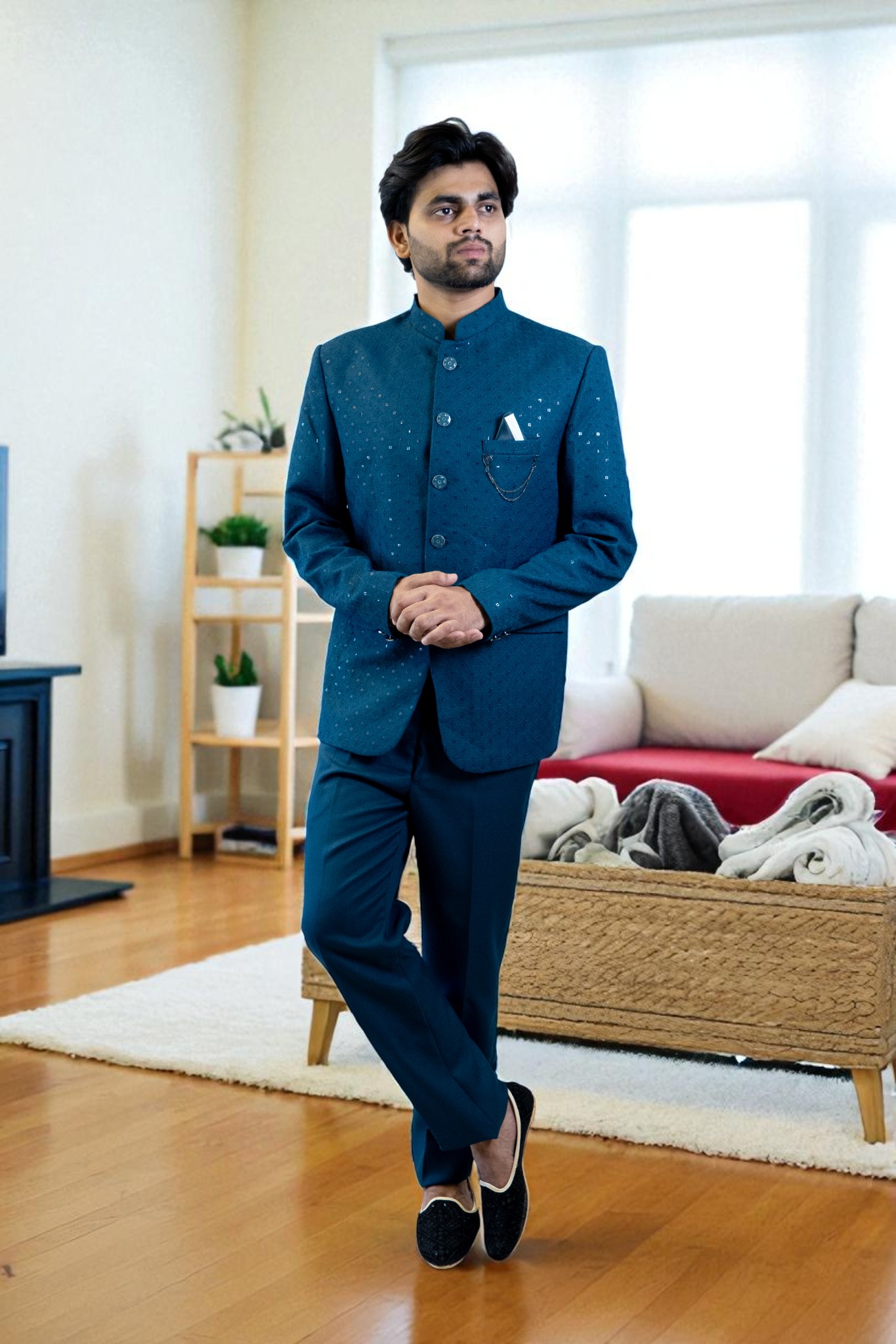 Blue Jodhpuri Suit – Sequin Design - Image 3