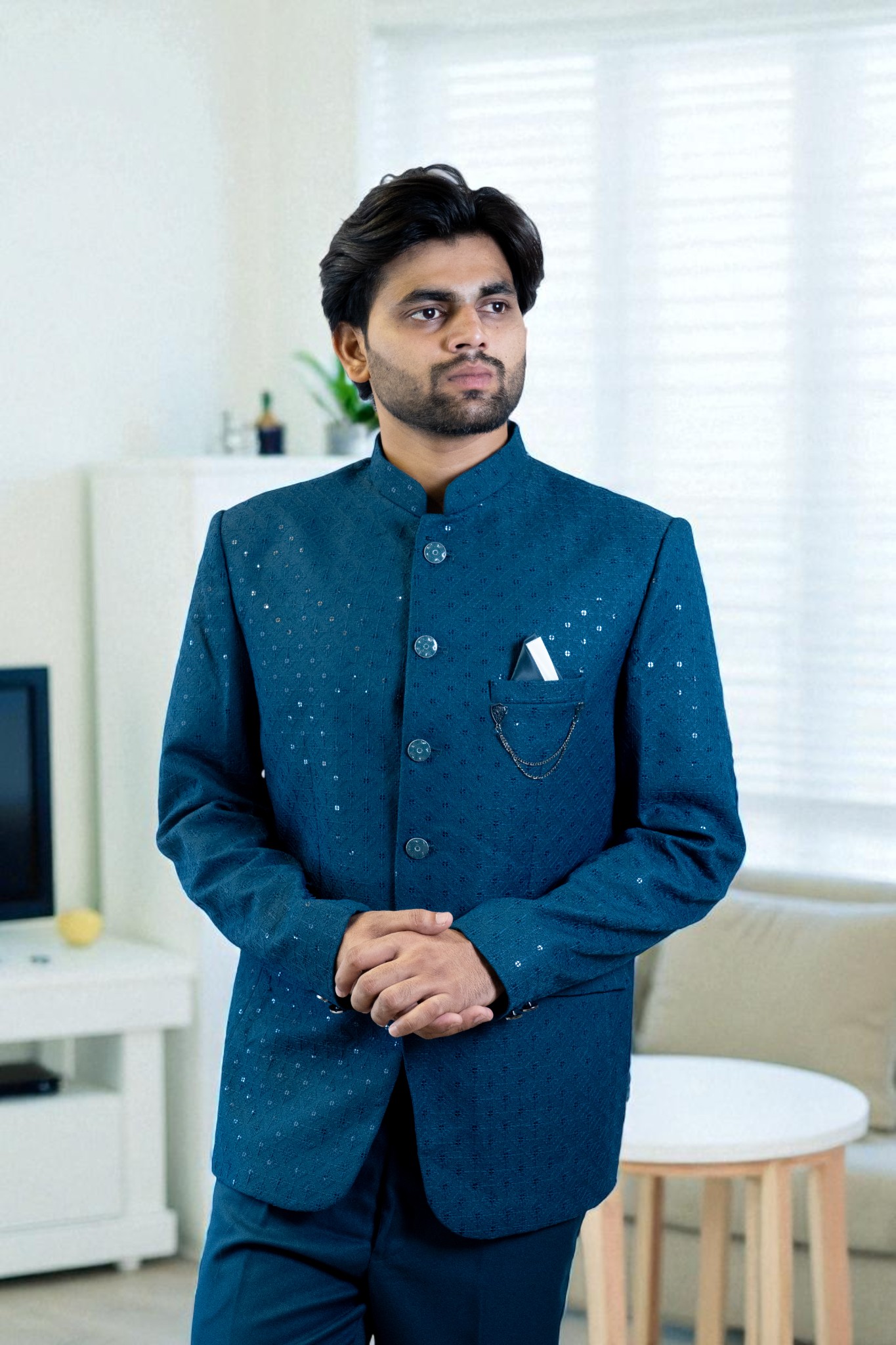 Blue Jodhpuri Suit – Sequin Design