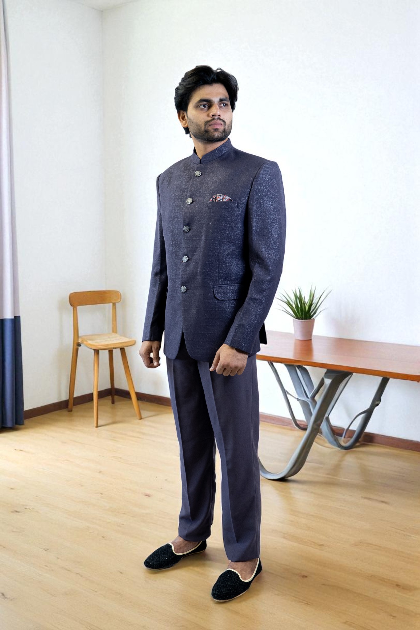 Grey Jodhpuri Suit – Printed Design in Suiting Fabric - Image 2