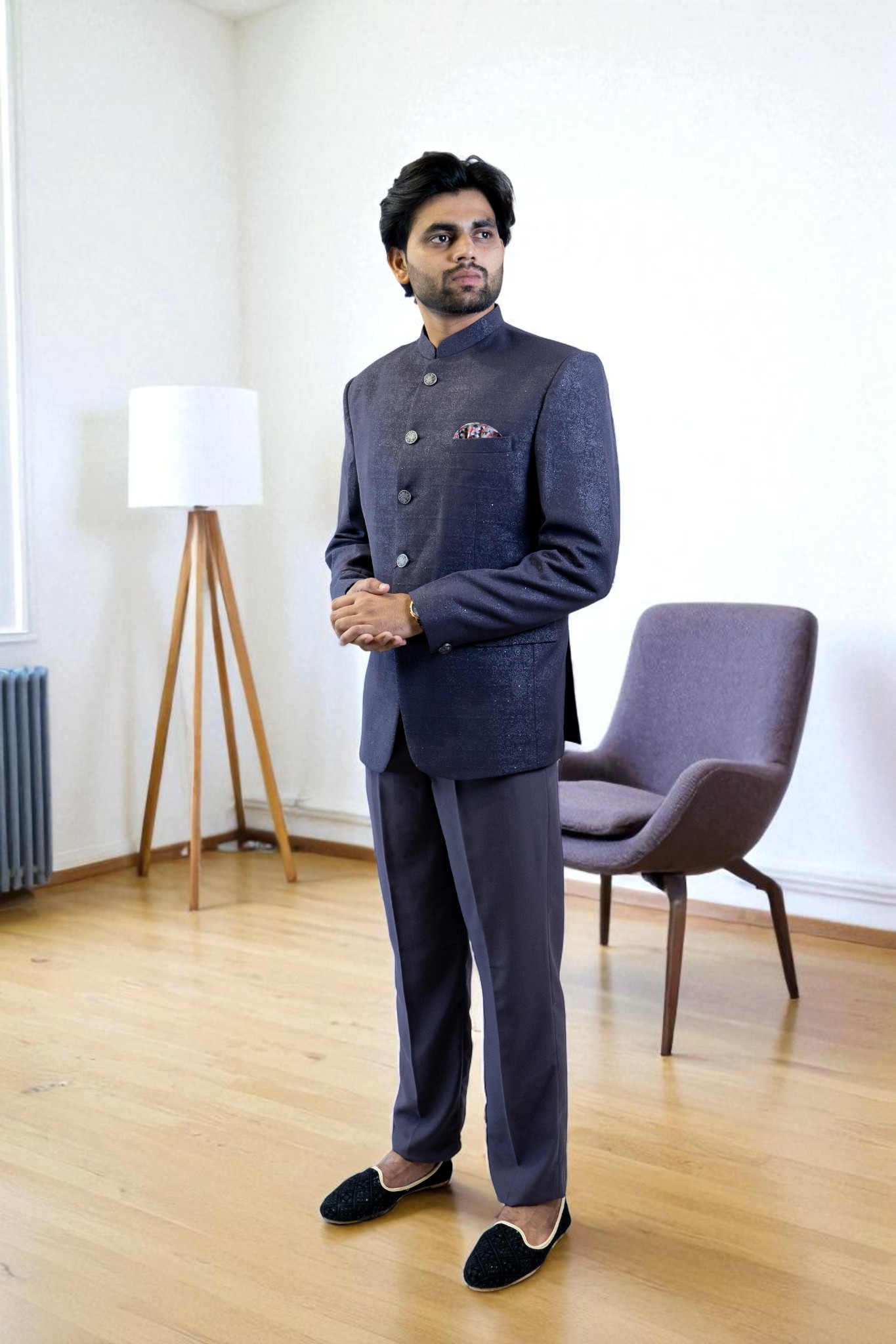 Grey Jodhpuri Suit – Printed Design in Suiting Fabric - Image 3